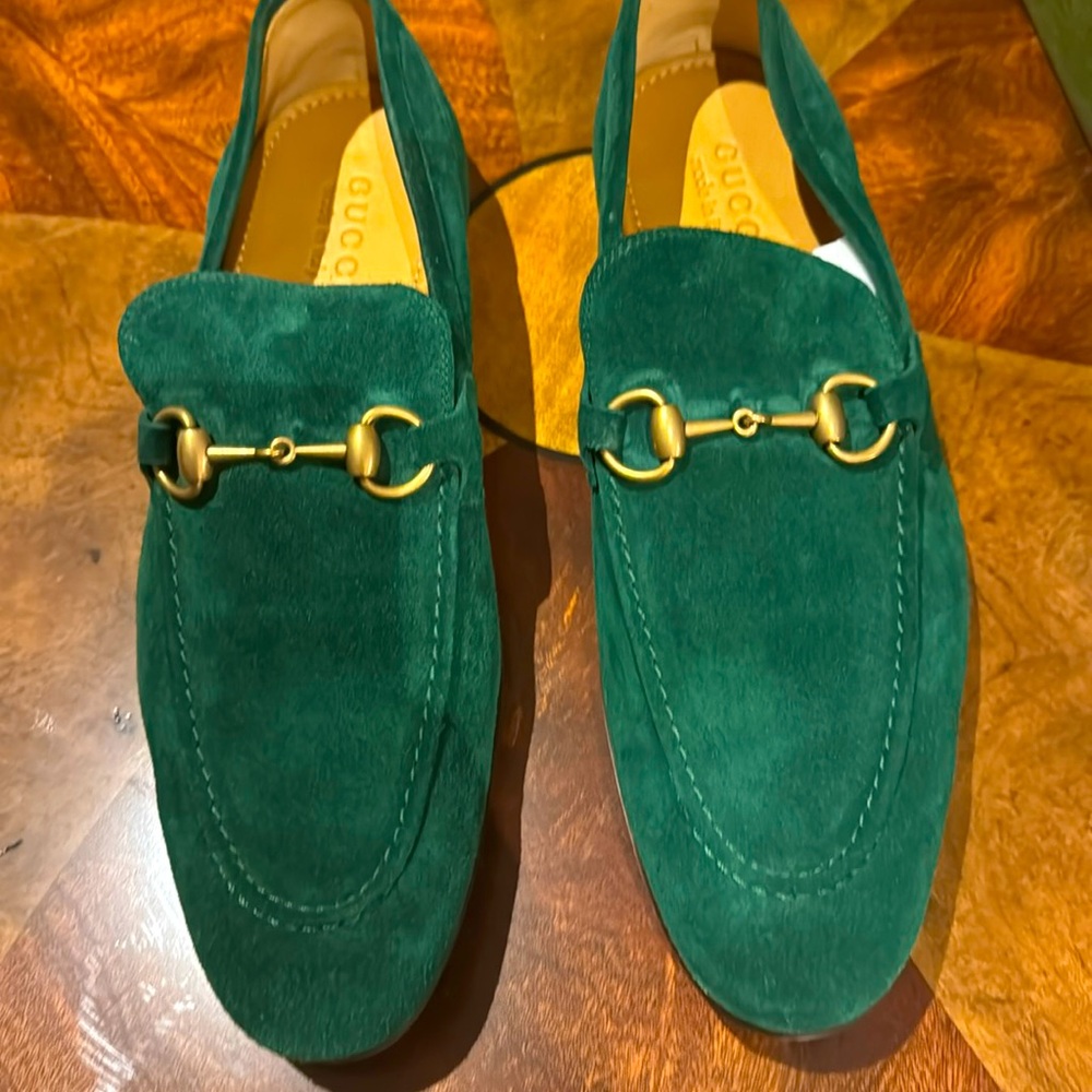 Brand new Men’s  Gucci Green Suede Loafers with Original Box and Gucci bag .